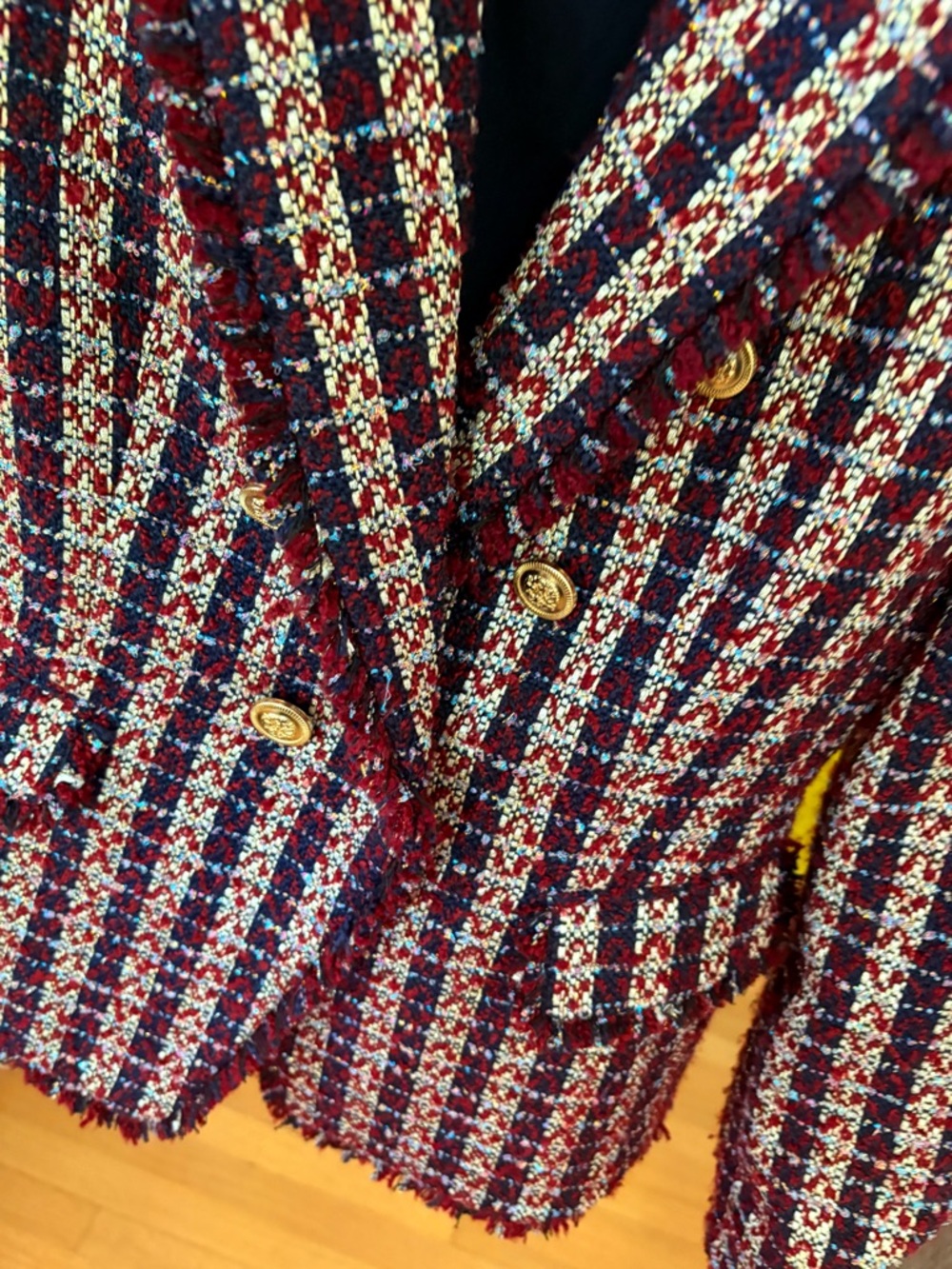 Tahari Burgundy Multi Tweed Fringe Double-BreastedRed/Burgundy Blazer - Picture 9 of 9